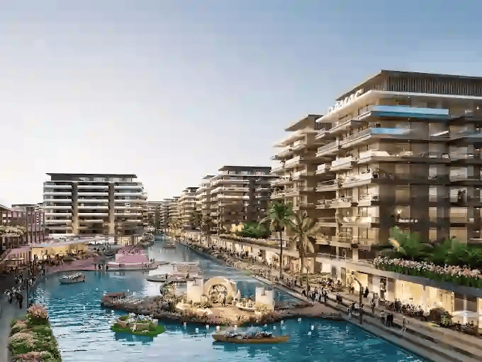 Illustrative render of DAMAC Riverlink canal-side retail and office blocks at DAMAC Riverside, Dubai Investments Park, Dubai