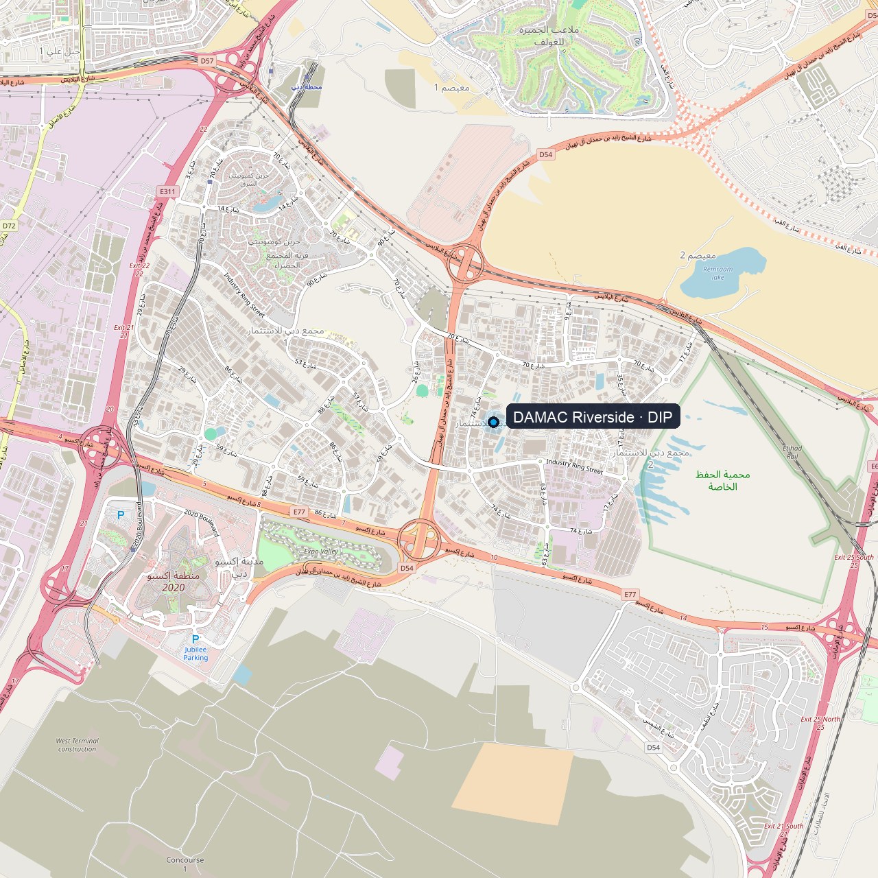 Static map of Dubai Investments Park showing DAMAC Riverside in southwest Dubai, near Jebel Ali and Sheikh Mohammed Bin Zayed Road